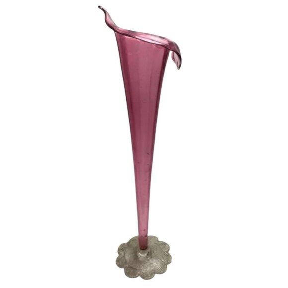 Vintage HUGE Jack In The Pulpit Vase Pink 22" Tall Clear Base Hand Crafted MCM - Picture 4 of 11